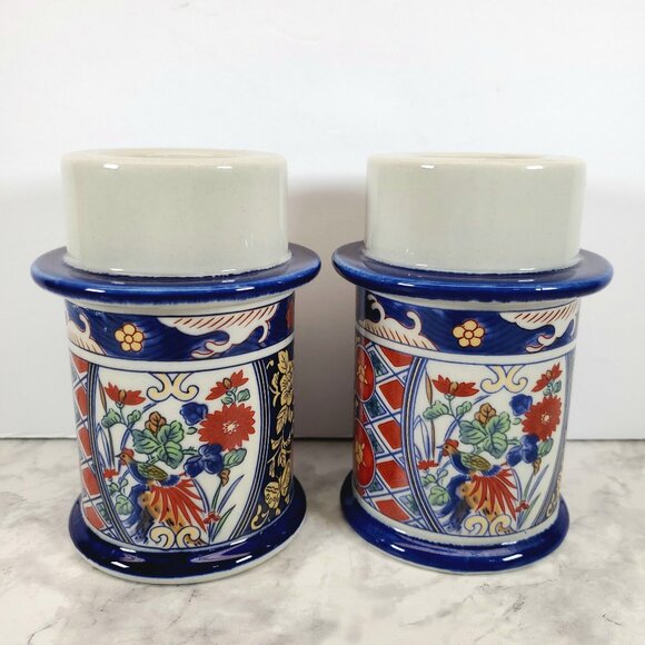 Imari Style Porcelain Candlestick Set of 2 Asian Inspired Blue Red Floral Candle - Picture 2 of 7